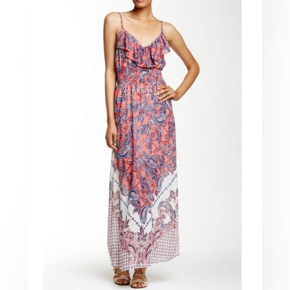 Pink and white paisley print boho smocked ruffle maxi dress size XL
